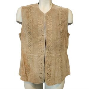 Vintage Outbrook Tan Suede Vest with Floral Embroidery Size Medium